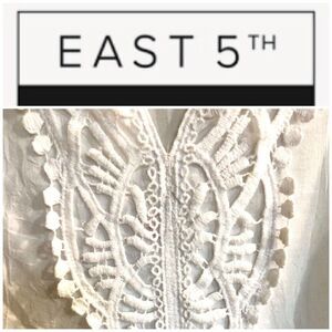 East 5Th - L Sz L Notched Neck 3/4 Sleeve White Embroidered Semi-Sheer Top. EUC